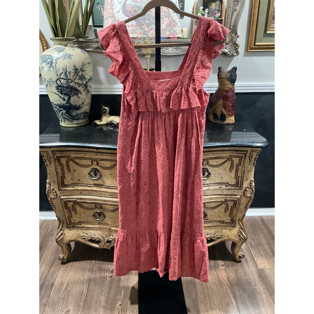 Ba&sh Byrd Peche Eyelet Ruffle Midi Dress Coral Pink Terracotta Size 1 Small